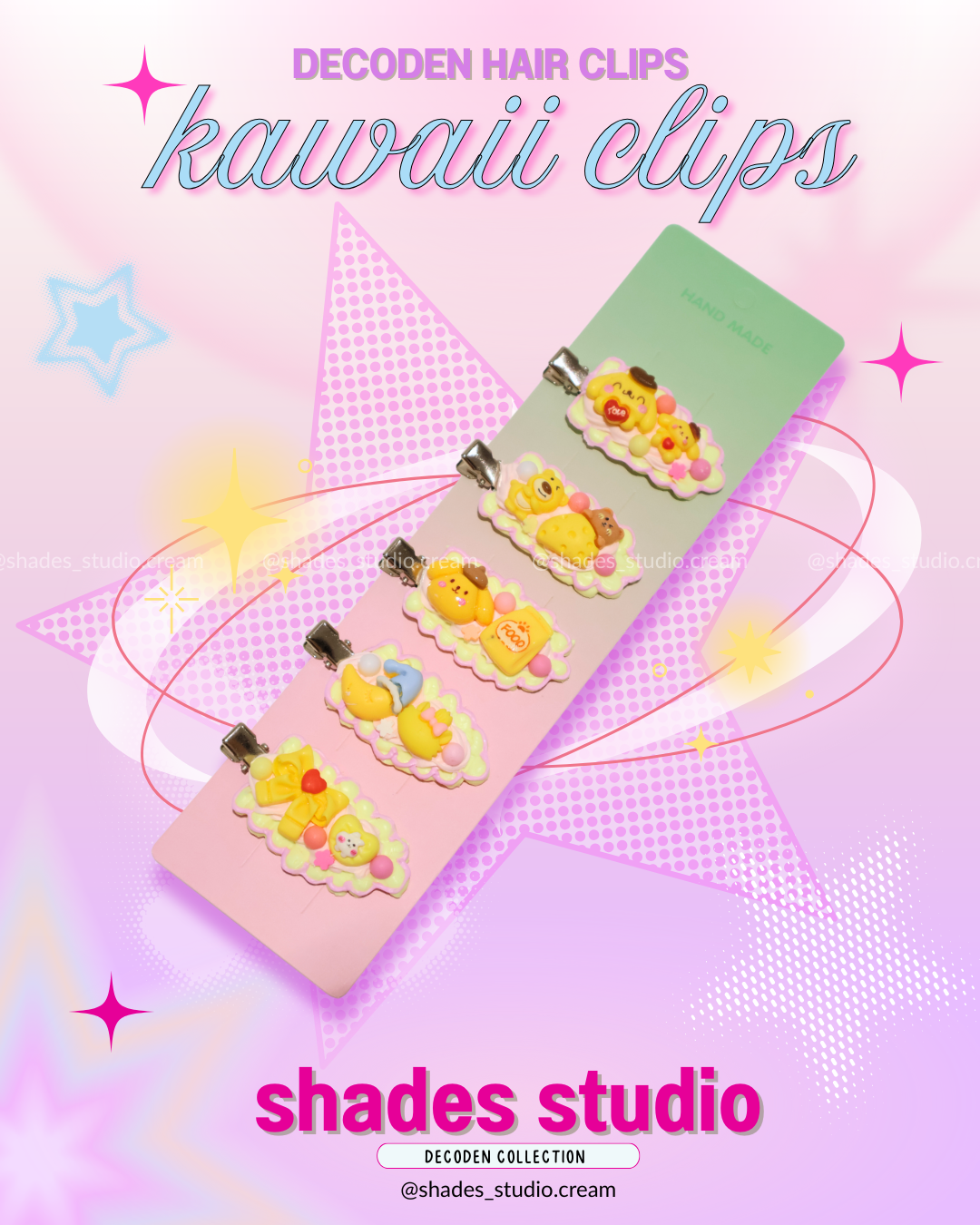 Pompompurin yellow decoden hair clips with kawaii charms