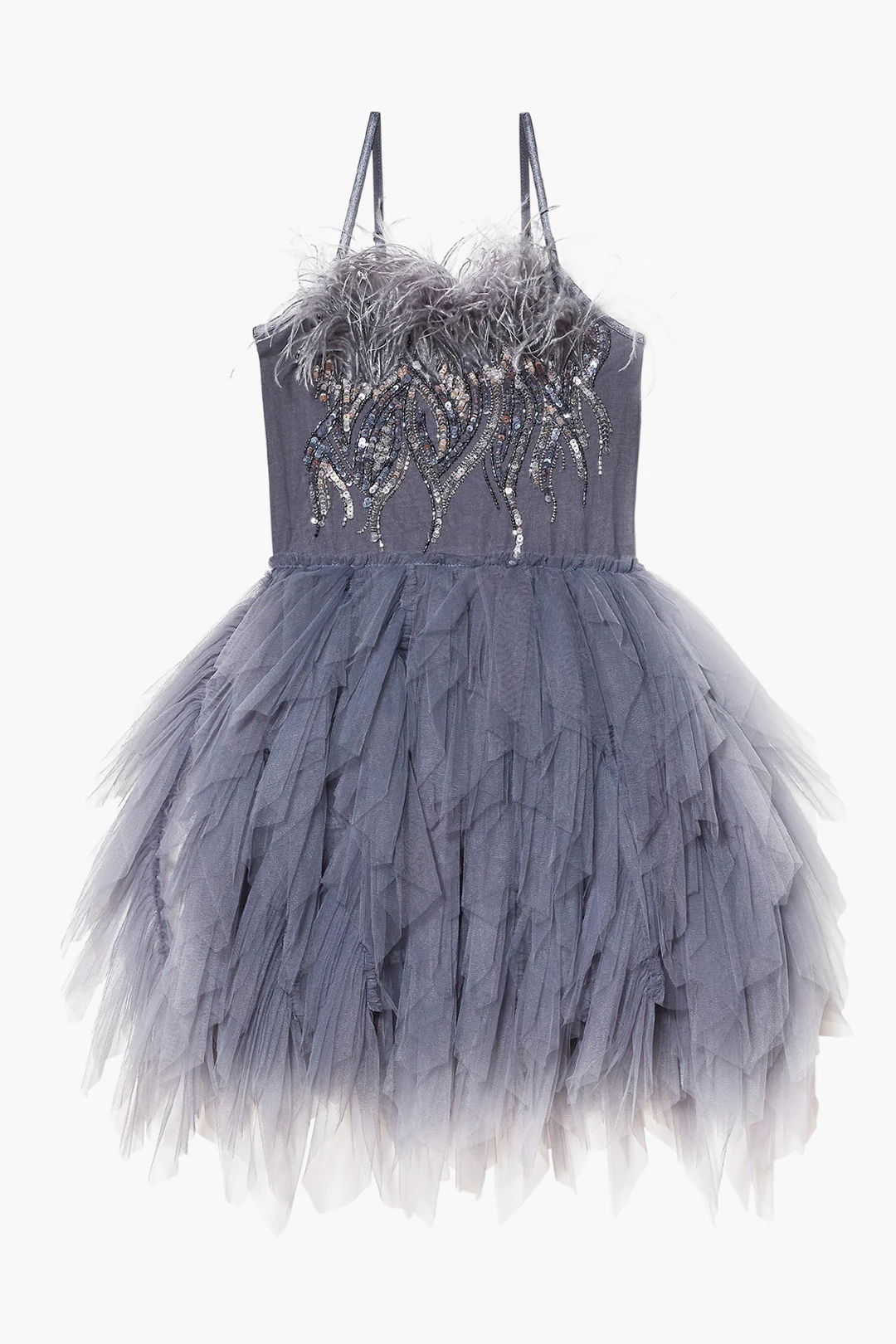 Feather Embellished Tulle Party Dress