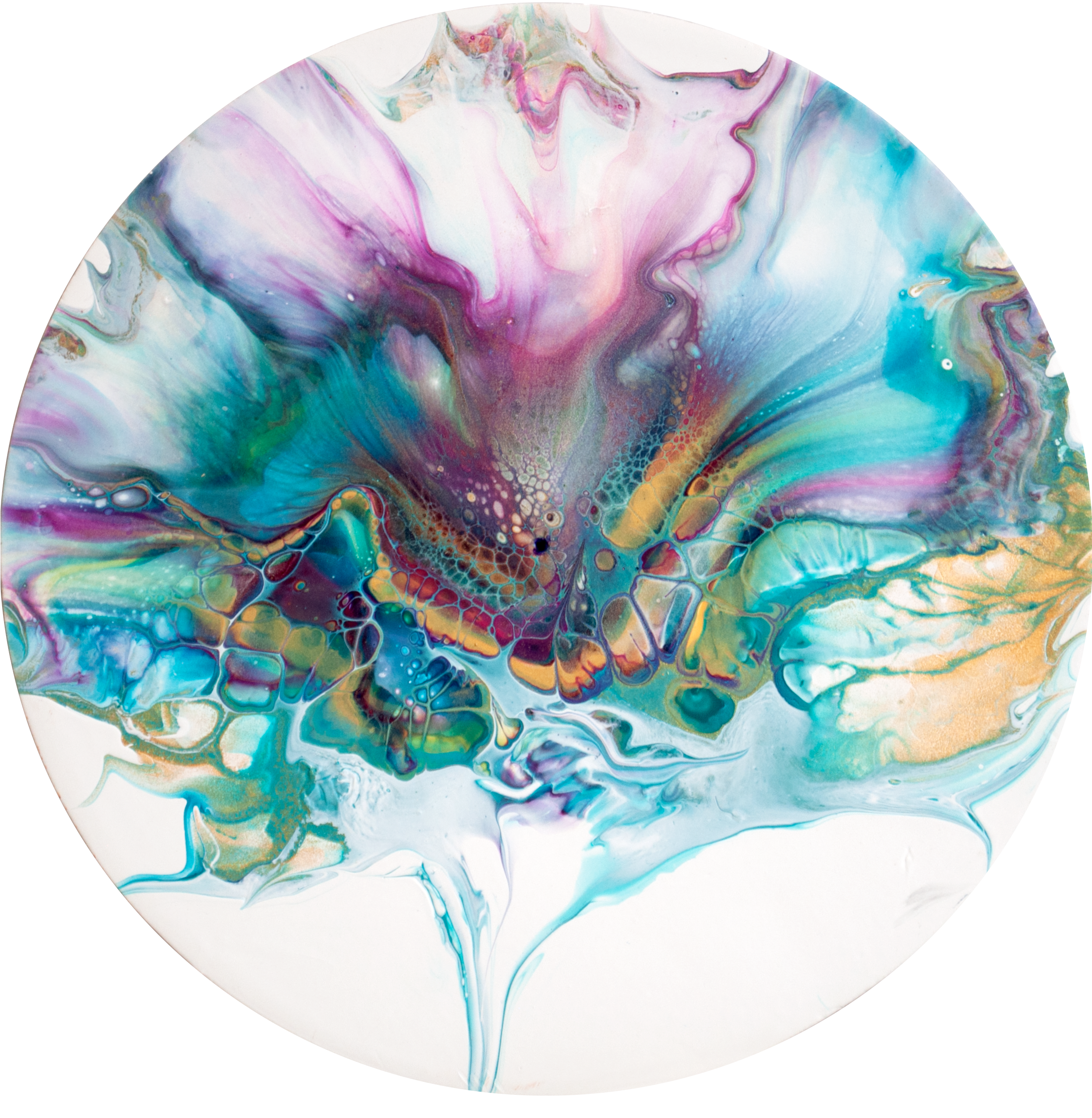 'Rainbow Bloom' Abstract Fluid Art (7.5' diameter wood)