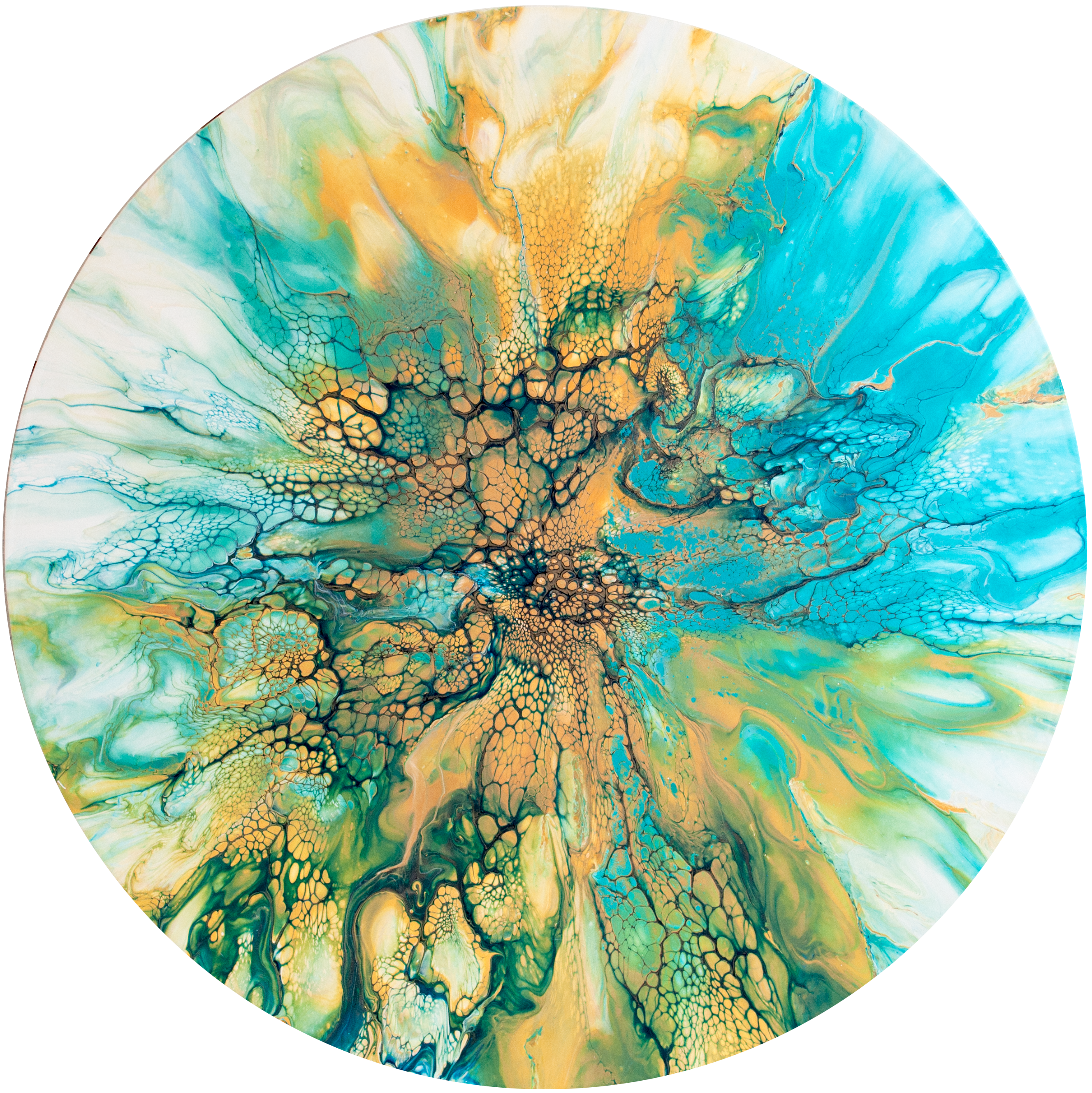 'Teal Sun Dance' Abstract Fluid Art (25.5" Diameter Wood)