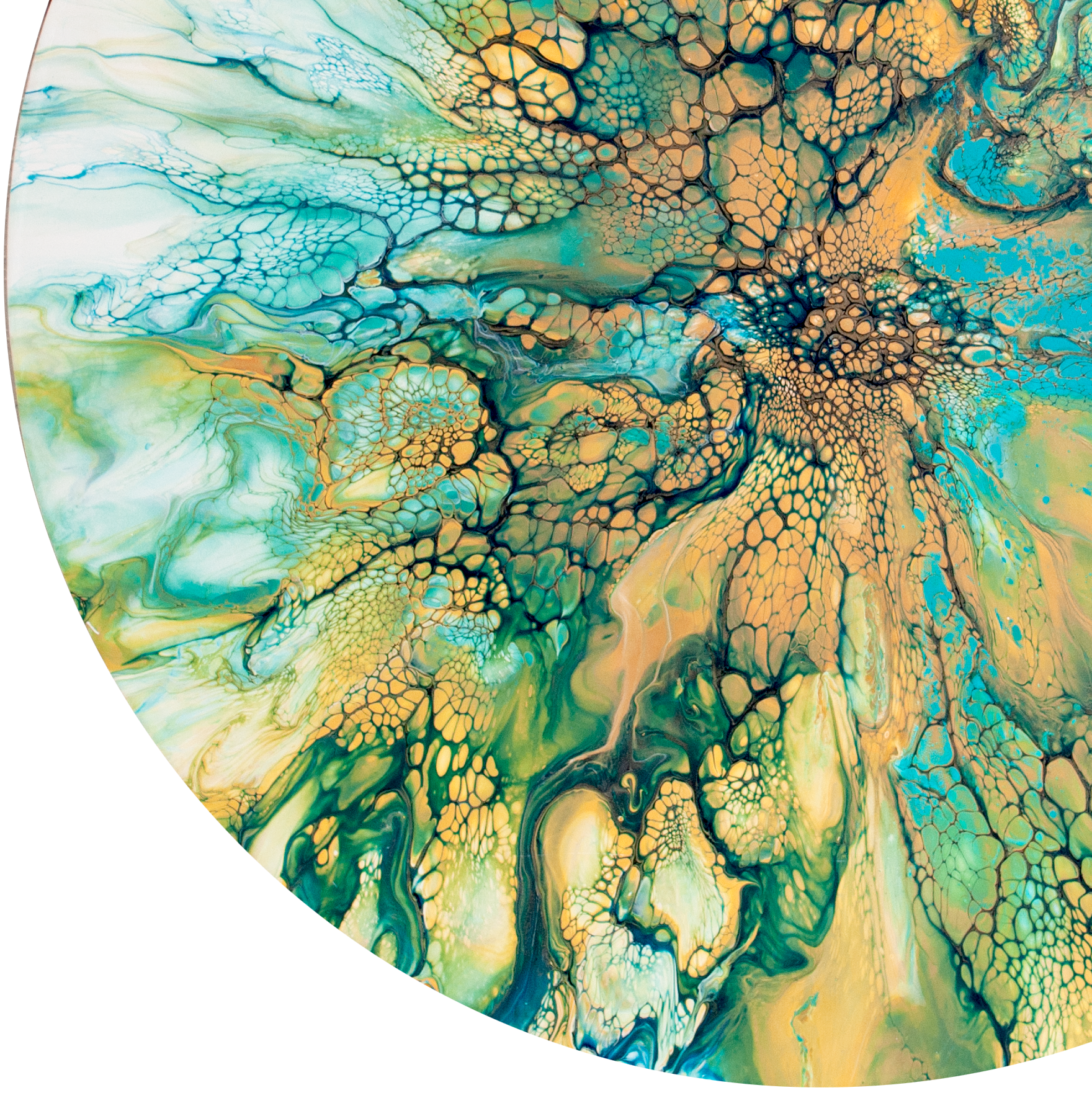 'Teal Sun Dance' Abstract Fluid Art (25.5" Diameter Wood)