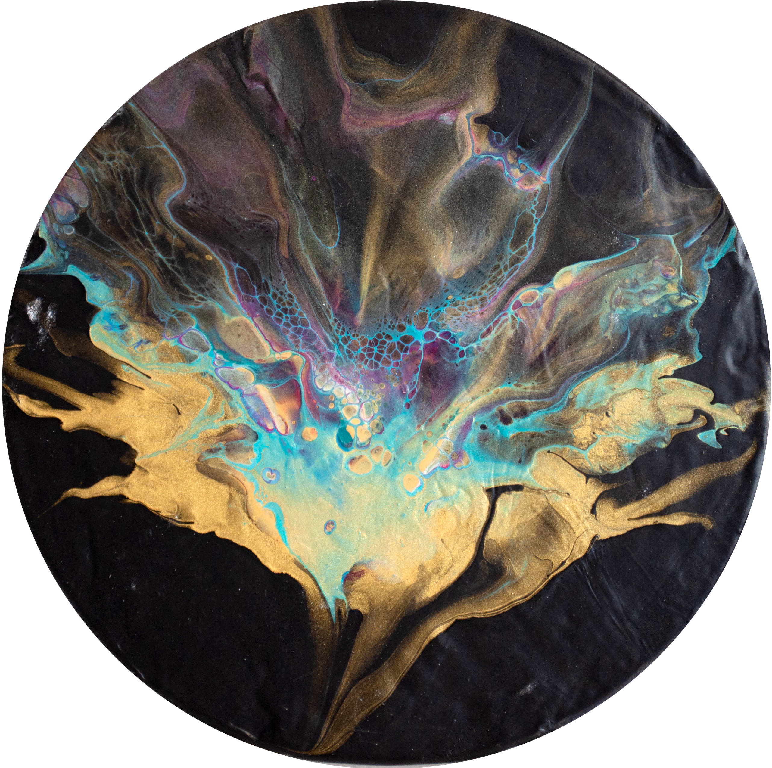 'Midnight Bloom' Abstract Fluid Art Canvas (9.75" diameter wood)