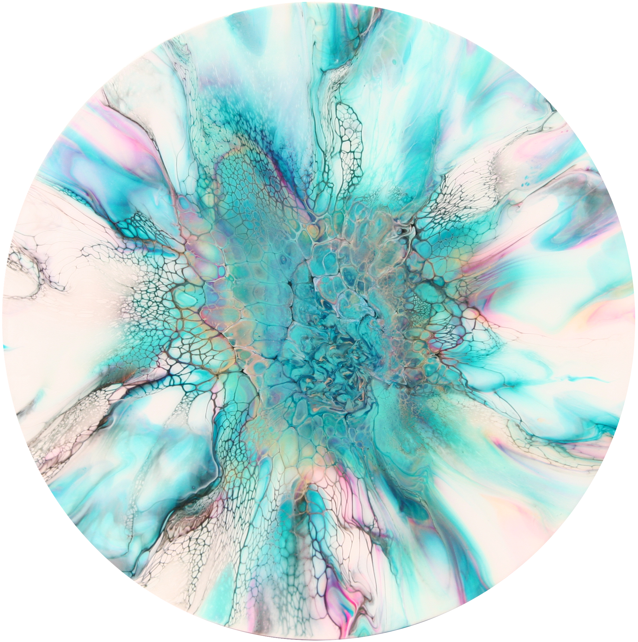 'Paradisio' Abstract Fluid Art (20" diameter wood)