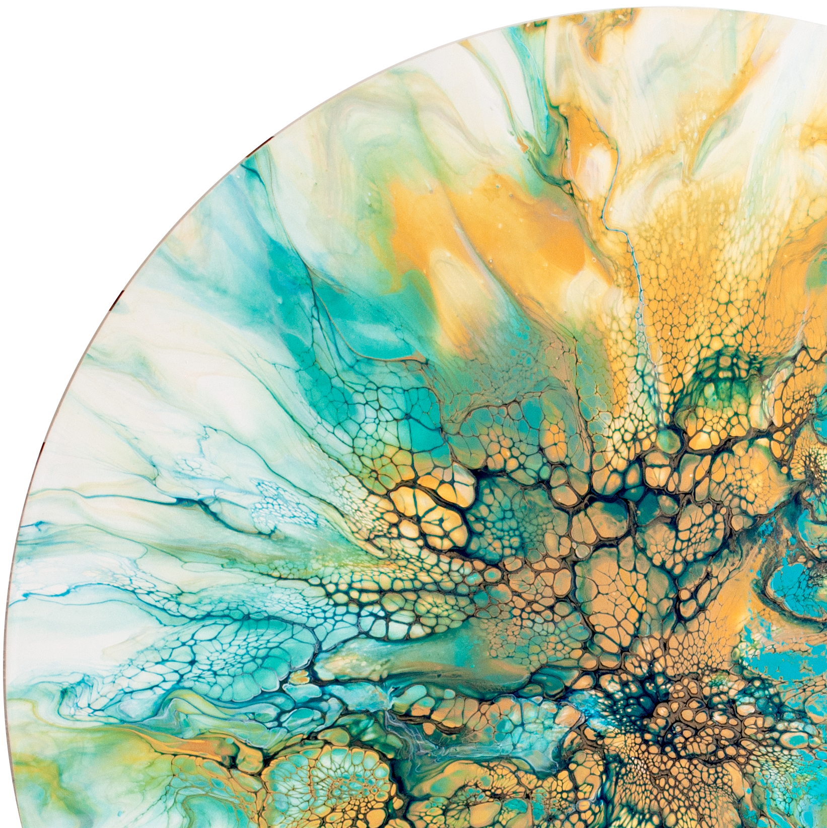 'Teal Sun Dance' Abstract Fluid Art (25.5" Diameter Wood)