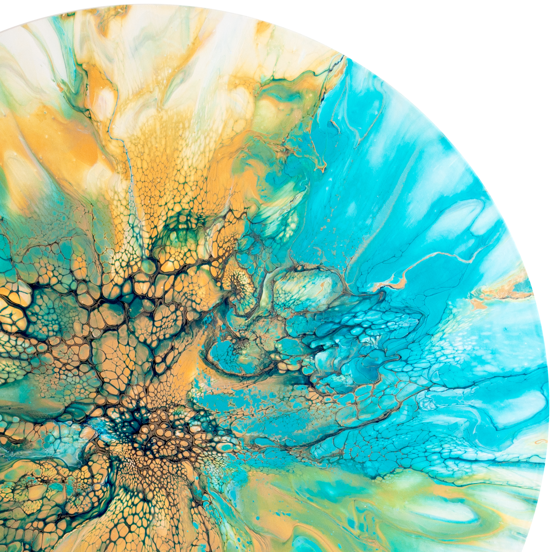 'Teal Sun Dance' Abstract Fluid Art (25.5" Diameter Wood)