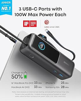 Anker Laptop Power Bank, 25,000mAh Portable Charger with Triple 100W USB-C Ports, Built-in and Retractable Cables, for iPhone 16/15 Series, MacBook, Samsung, and More (Flight-Approved)