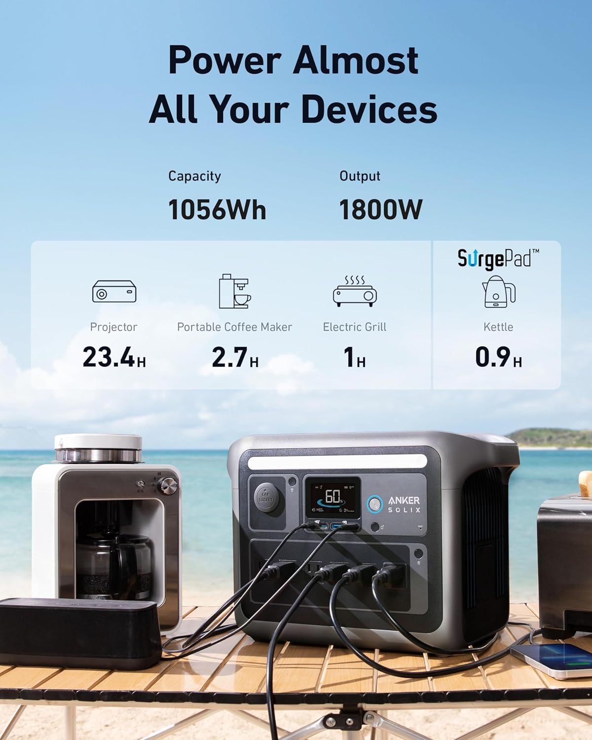 Anker SOLIX C1000 Portable Power Station, 1800W (Peak 2400W) Solar Generator, Full Charge in 58 Min, 1056wh LiFePO4 Battery for Home Backup, Power Outages, and Outdoor Camping (Optional Solar Panel) 