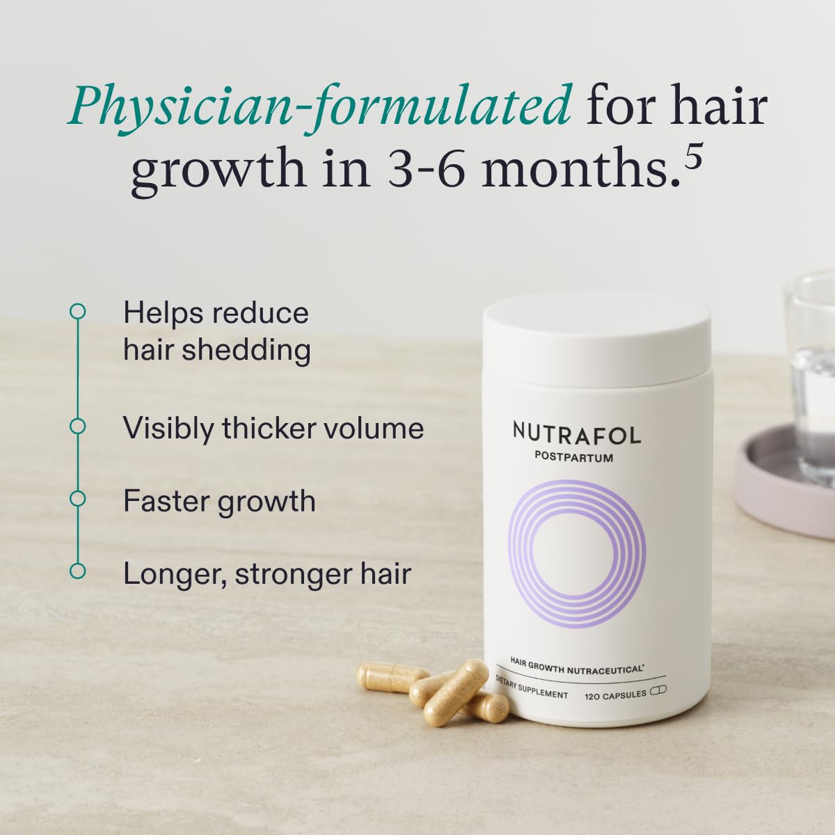 Nutrafol Postpartum Hair Growth Supplements, Clinically Tested for Visibly Thicker Hair and Less Shedding, Breastfeeding-friendly - 2 Month Supply, Pack of 2