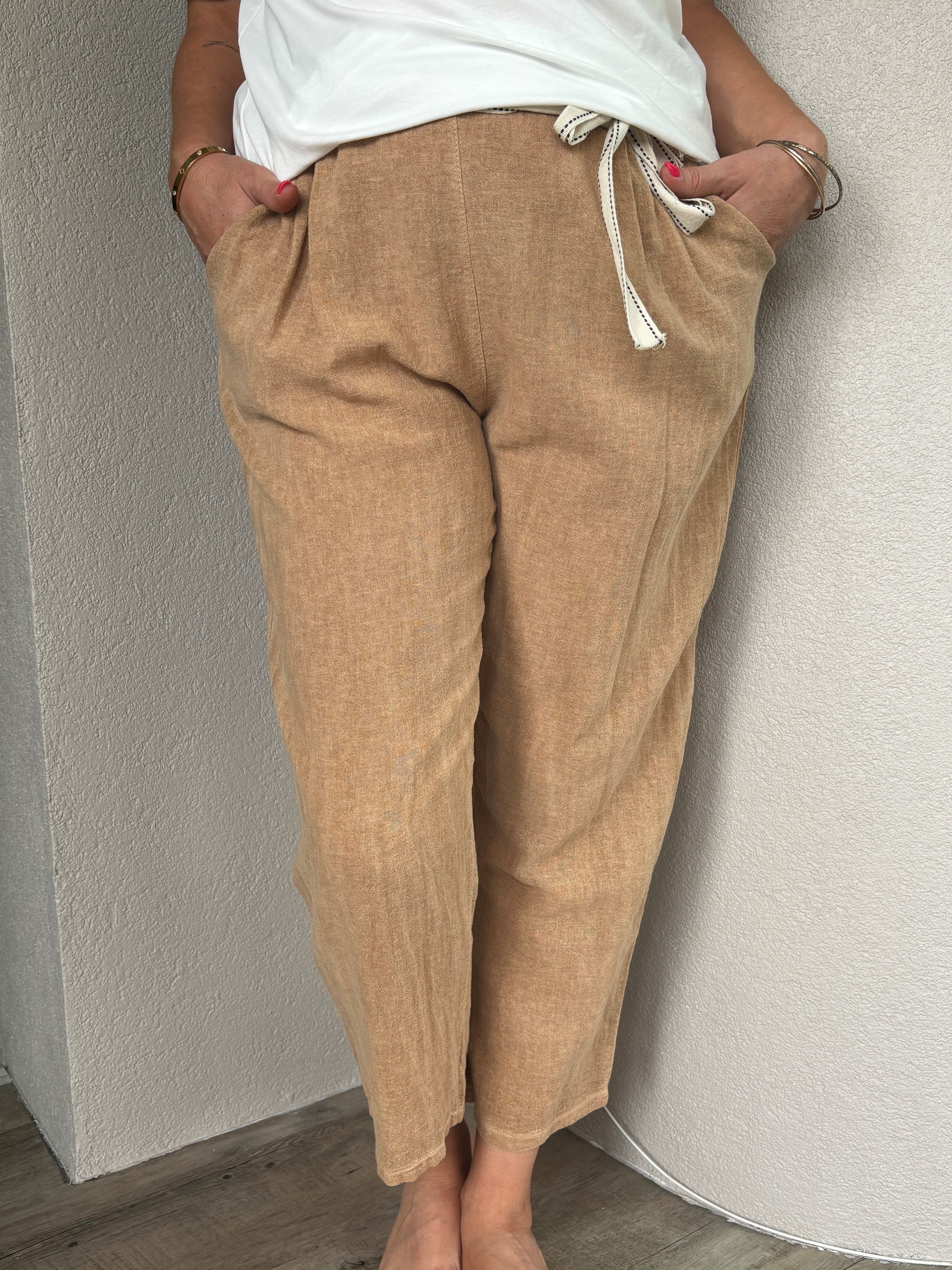 Pantalon en lin/coton avec ceinture 