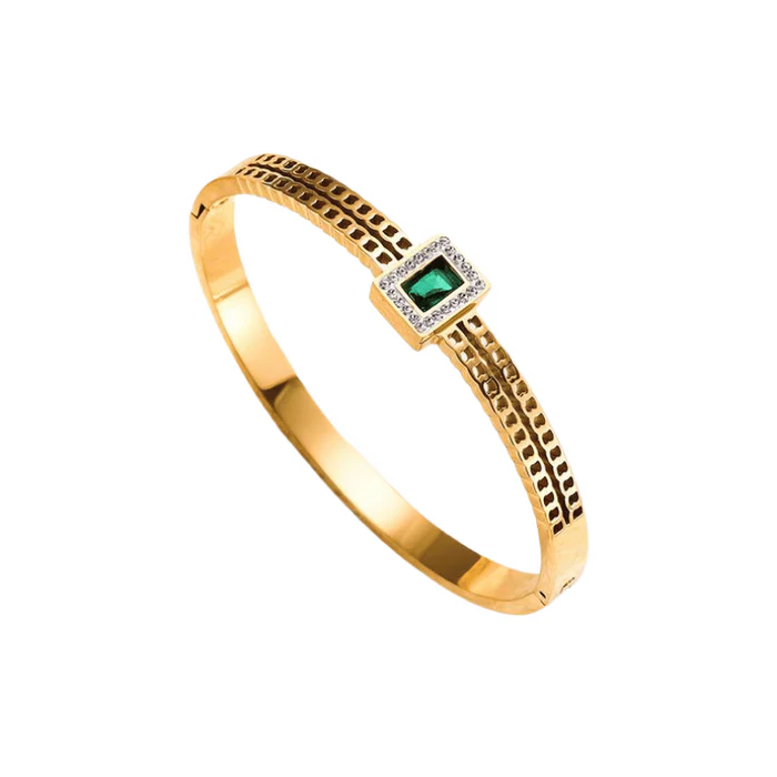 Bracelet Jonc Doré avec Cristal Vert Central