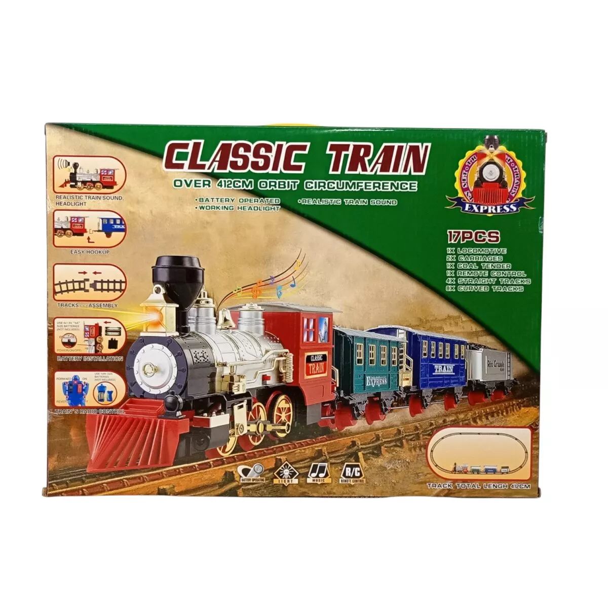 17 Pcs Classic Train Set with Remote Control | Battery Operated Toy Train with Headlight, Realistic Sound and 412 cm Track | Interactive Playset for Kids | 4+ Years.