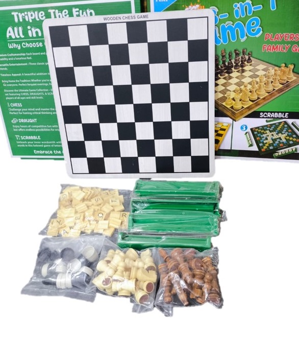 Wooden Chess , Draught and Scrabble 3 in 1 Board Game 