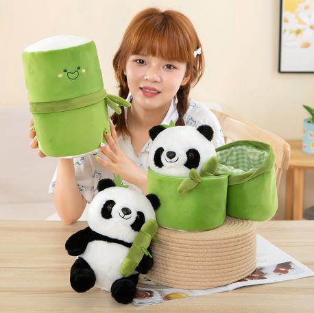 Panda with Bamboo in a Plush Bag