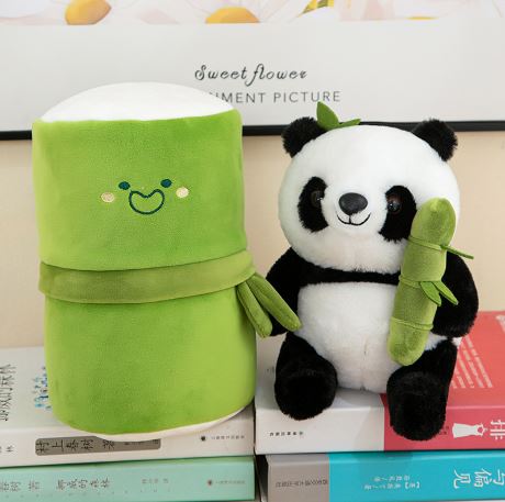 Panda with Bamboo in a Plush Bag