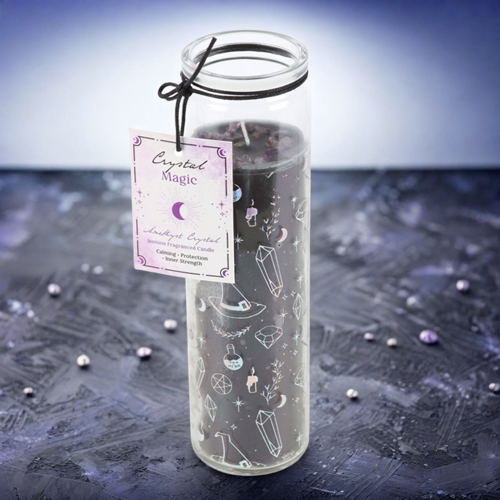 Crystal Witch Print Jasmine Tube Candle With Amethyst Chips