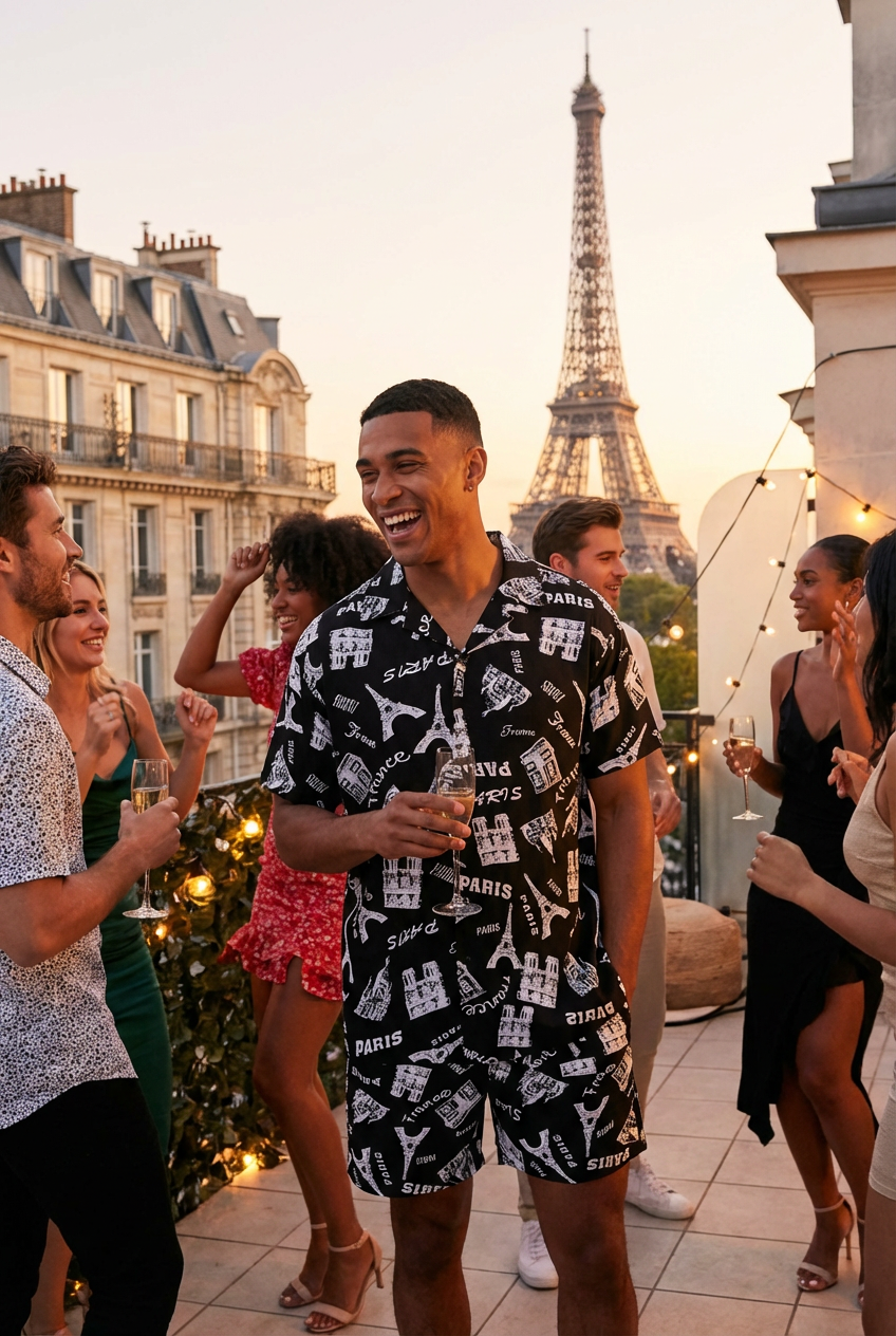 Paris Print Matching Hawaiian Shirt & Shorts