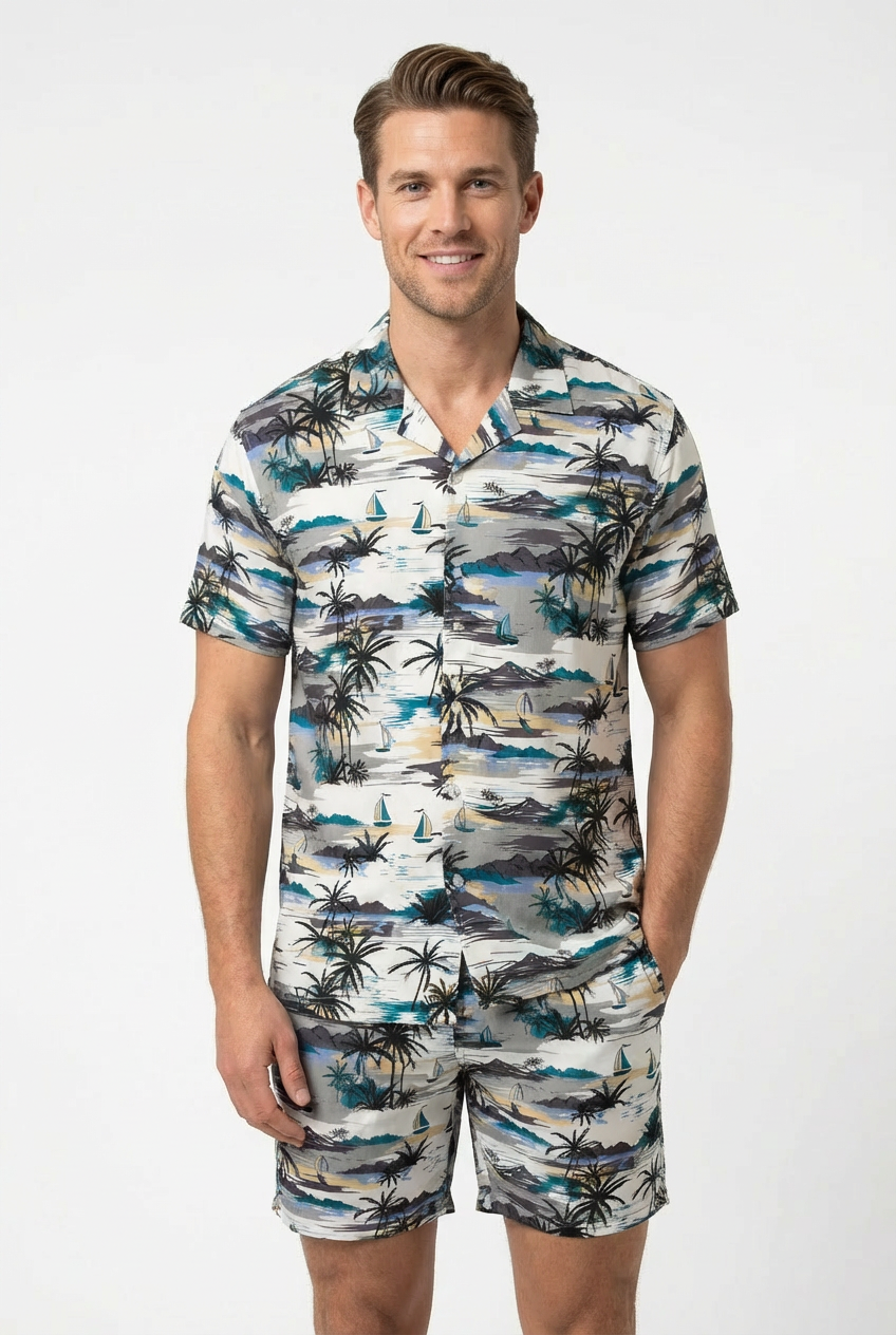 Tropical Print Hawaiian Shirt & Shorts Set