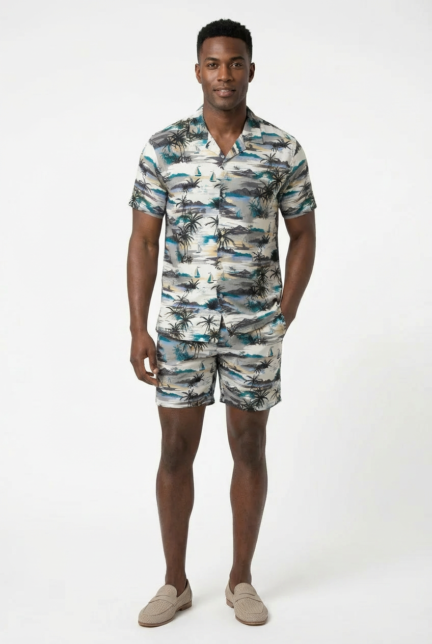 Tropical Print Hawaiian Shirt & Shorts Set