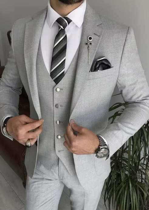 Men's Light Gray Three-Piece Suit