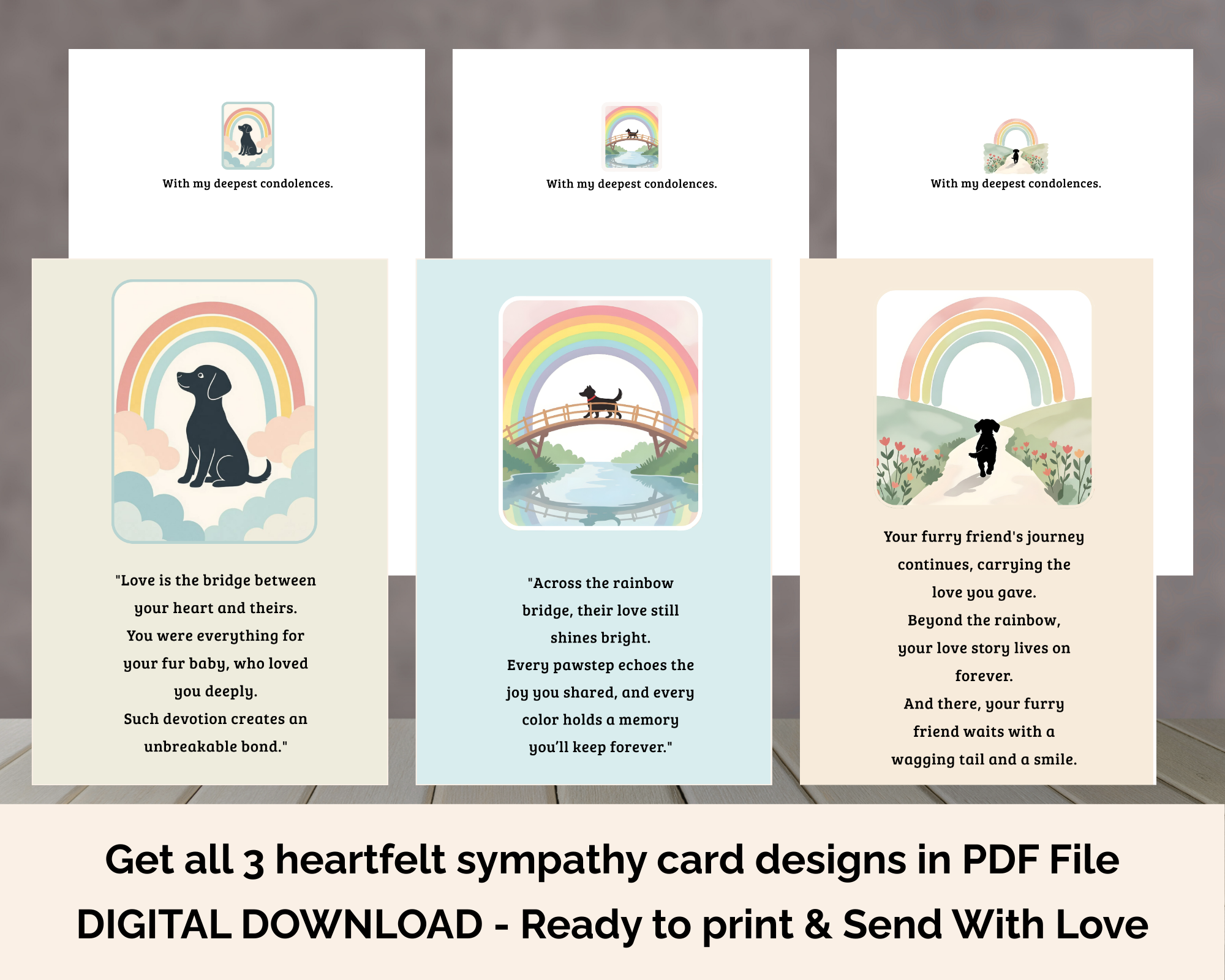 Printable Sympathy Card Dog/Cat Bundle 1 + Free Comfort Kit Healing Gifts (Personalized Mini Calendar + Healing Heart Worksheet)