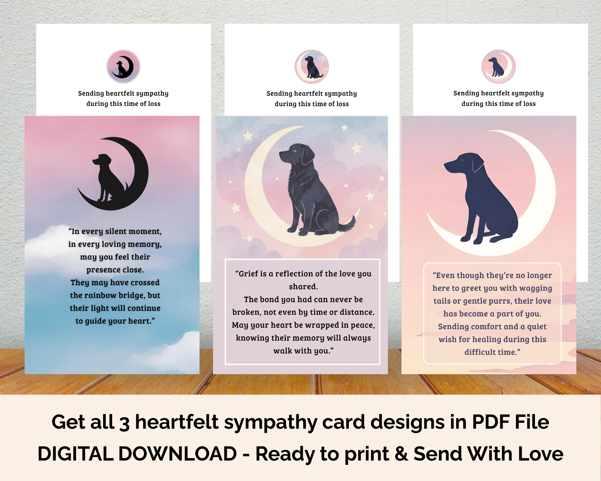Printable Sympathy Card Dog/Cat Bundle 2 + Free Comfort Kit Healing Gifts (Personalized Mini Calendar + Healing Heart Worksheet)
