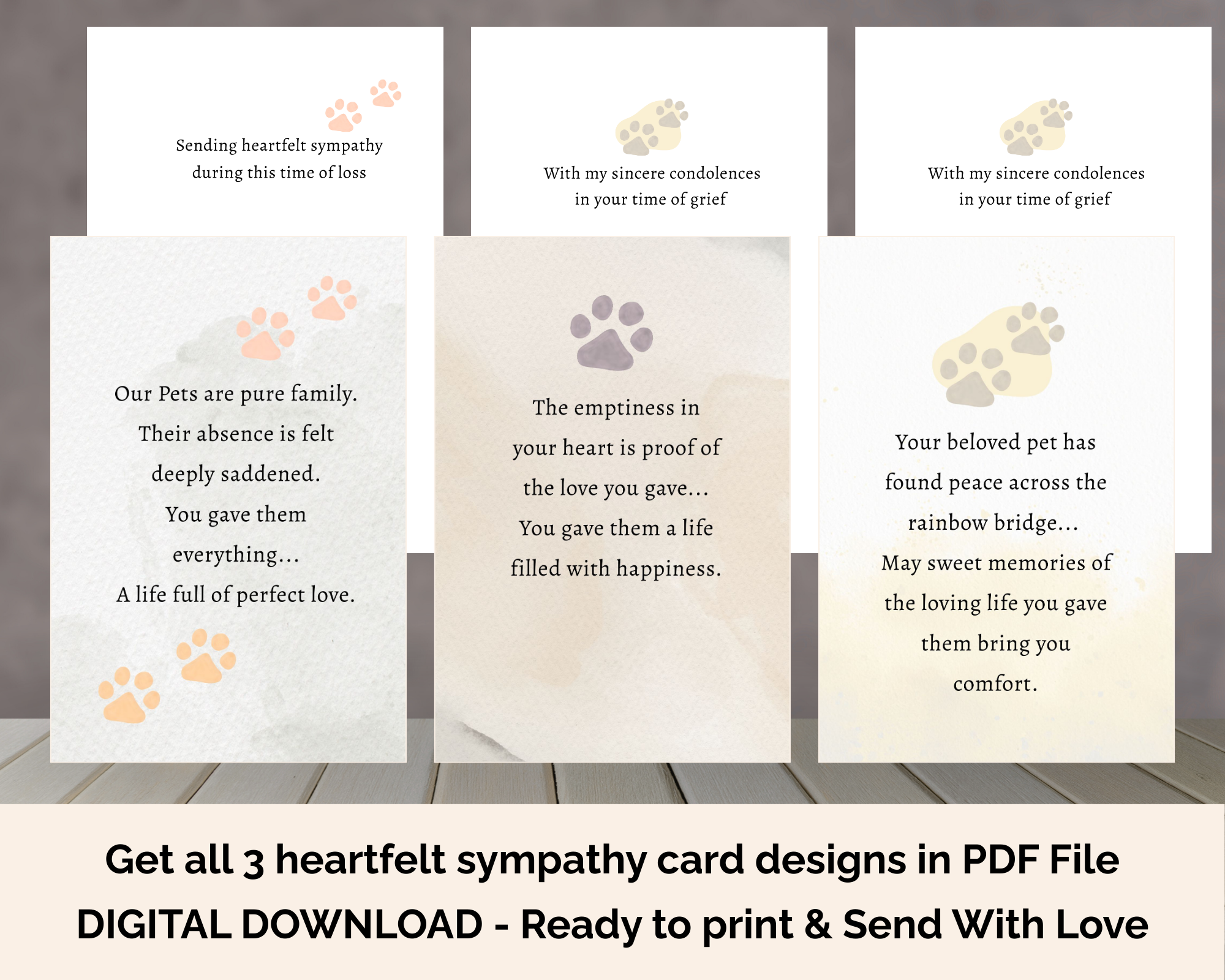 Printable Sympathy Card Dog/Cat Bundle 1 + Free Comfort Kit Healing Gifts (Personalized Mini Calendar + Healing Heart Worksheet)