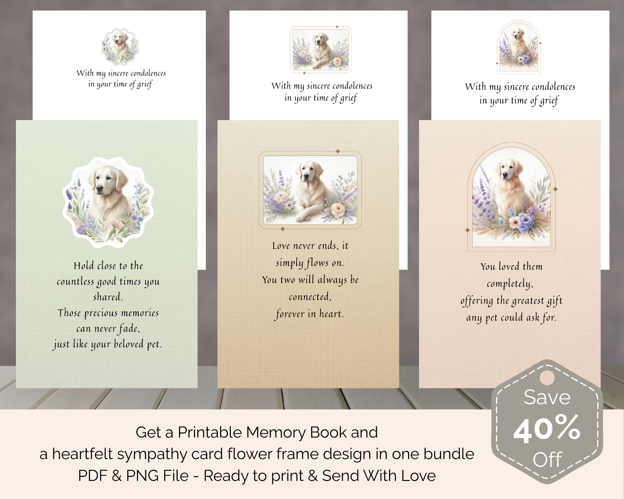 Bundle Printable Dog Memory Book & Dog Sympathy Card - Flower Frame