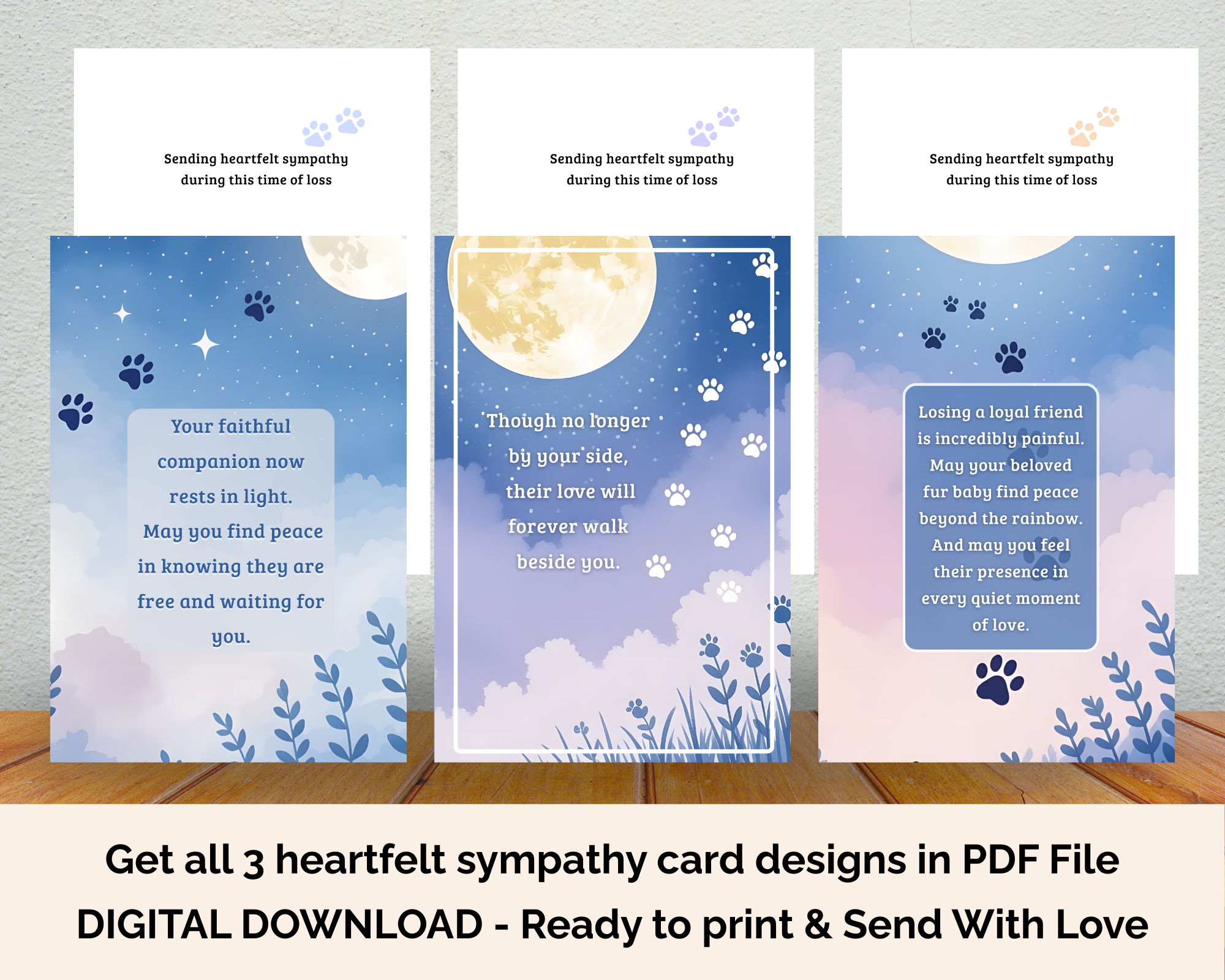 Printable Sympathy Card Dog/Cat Bundle 1 + Free Comfort Kit Healing Gifts (Personalized Mini Calendar + Healing Heart Worksheet)