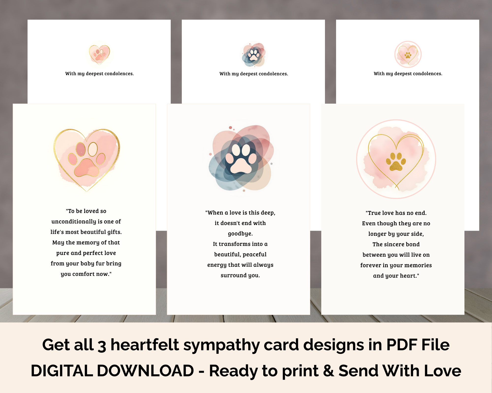 Printable Sympathy Card Dog/Cat Bundle 2 + Free Comfort Kit Healing Gifts (Personalized Mini Calendar + Healing Heart Worksheet)