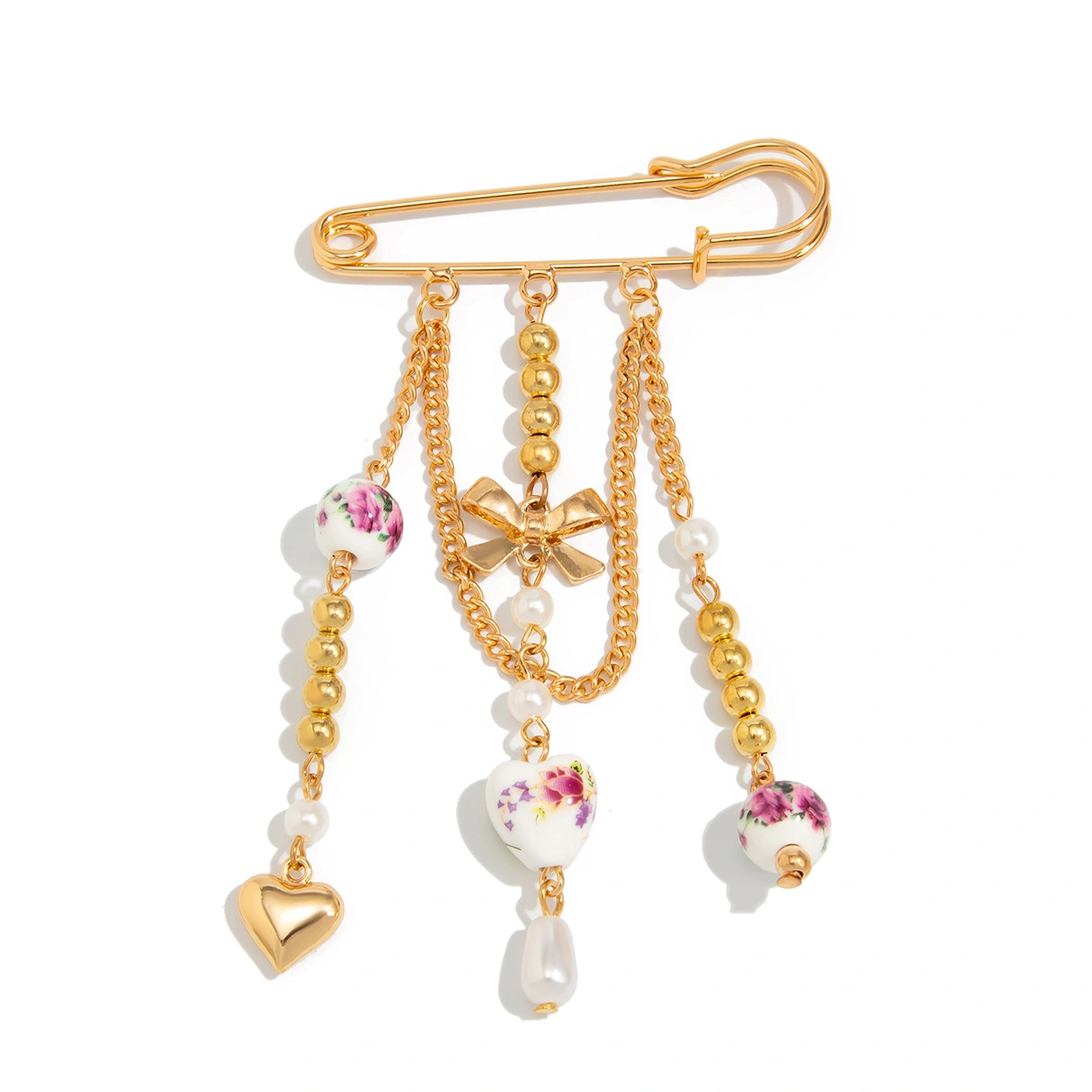 Gold Beaded Heart Brooch
