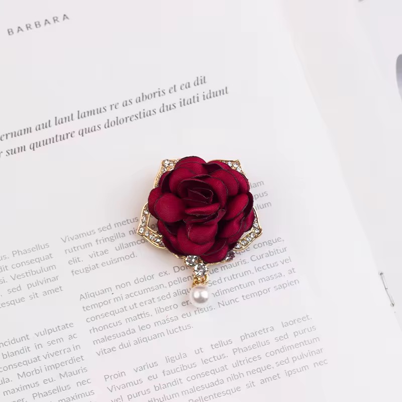 Red Rose Brooch with Pearl Drop