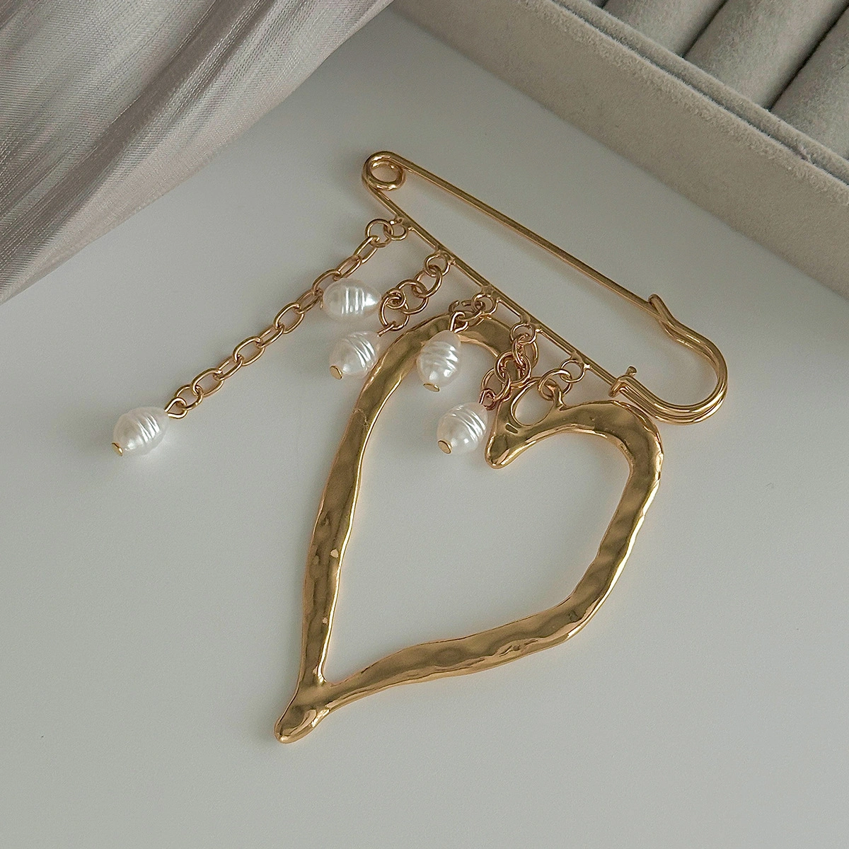 Gold Heart Brooch with Pearls