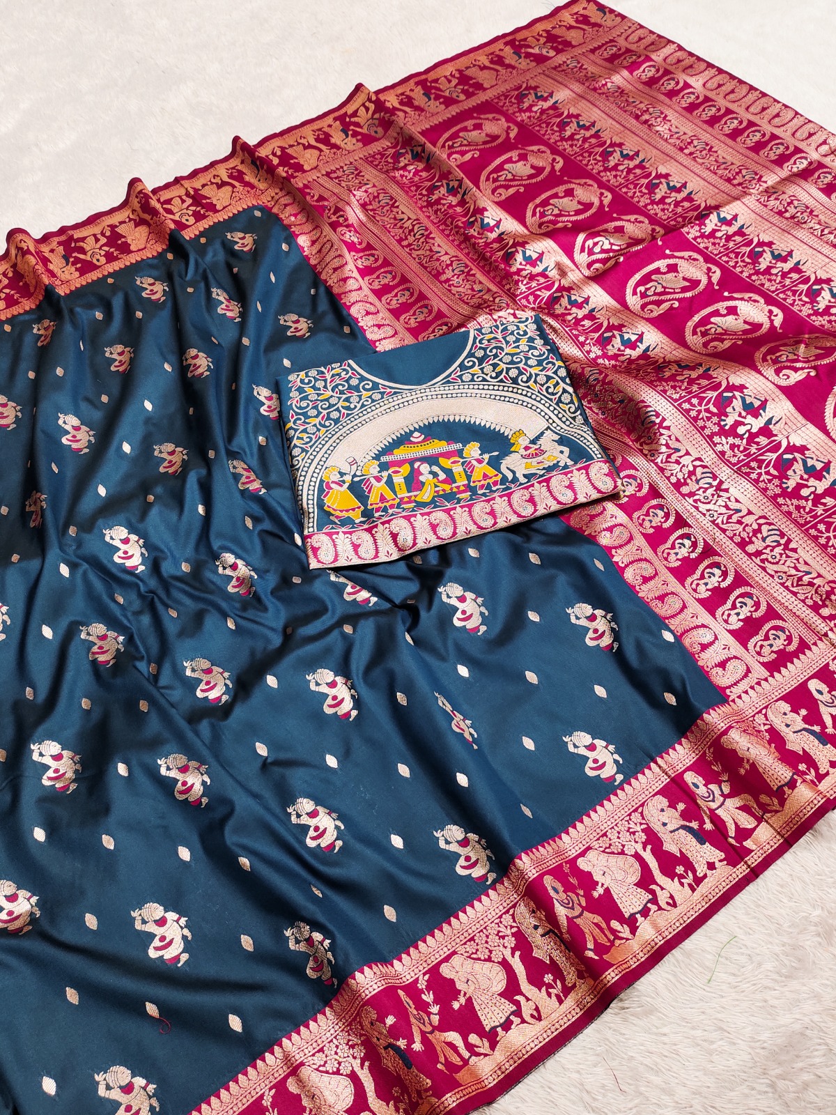 Premium Quality Pure Triple Tone Bishnupuri Swarnachuri Silk