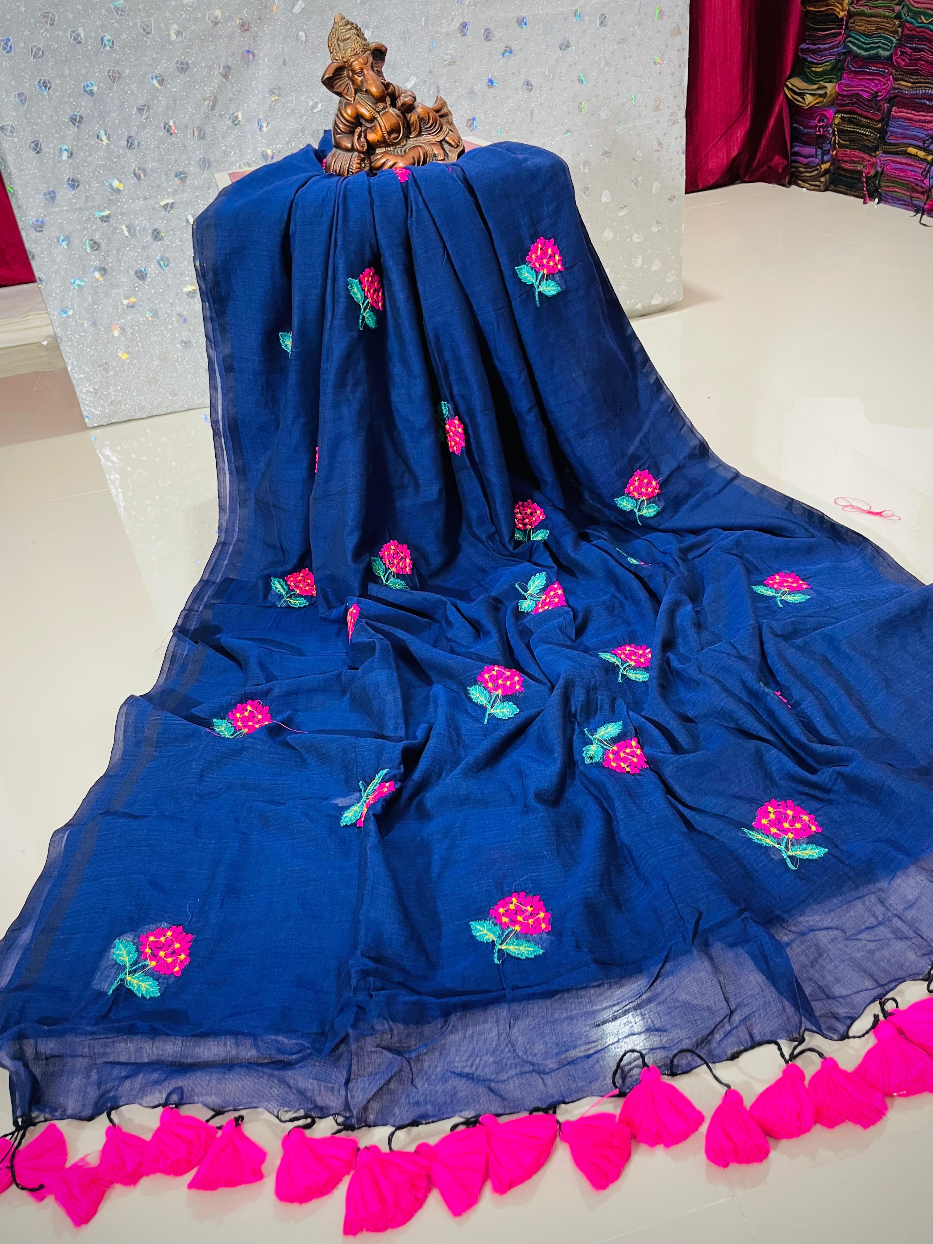 TRENDING PREMIUM MULL COTTON HAND EMBROIDERY SAREE