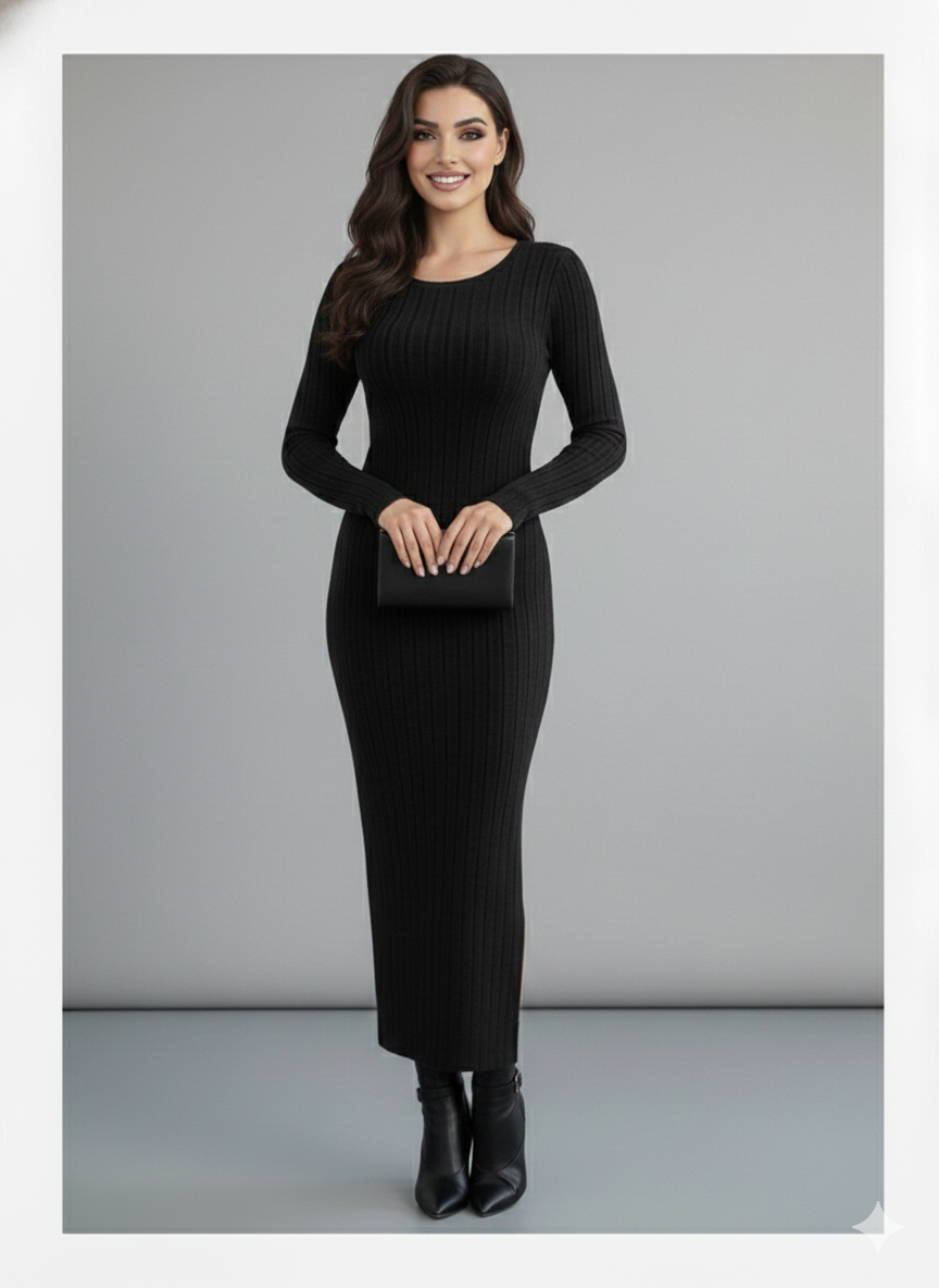 Black Solid Round Neck Bodycon Midi Dress
