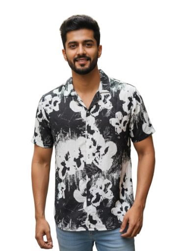 CUBAN COLLAR BLACK PRINTED SHIRTS