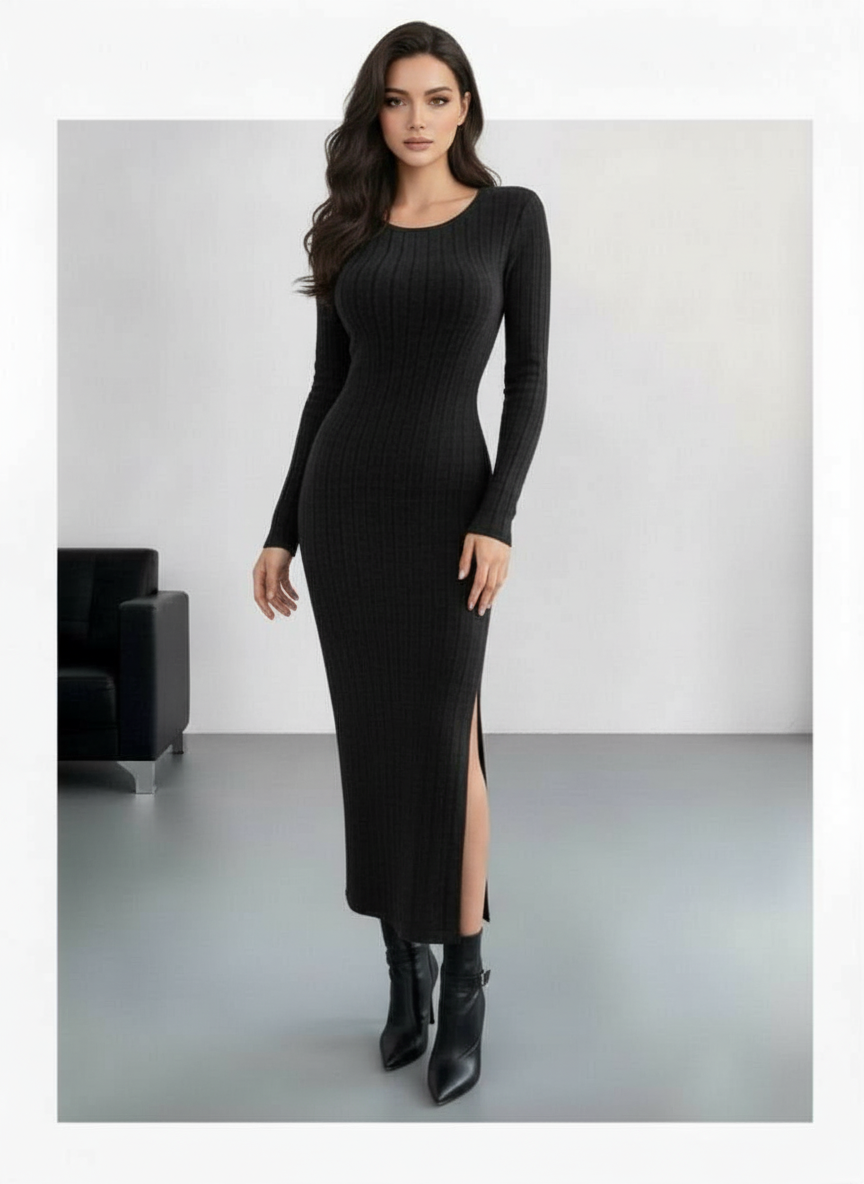 Black Solid Round Neck Bodycon Midi Dress