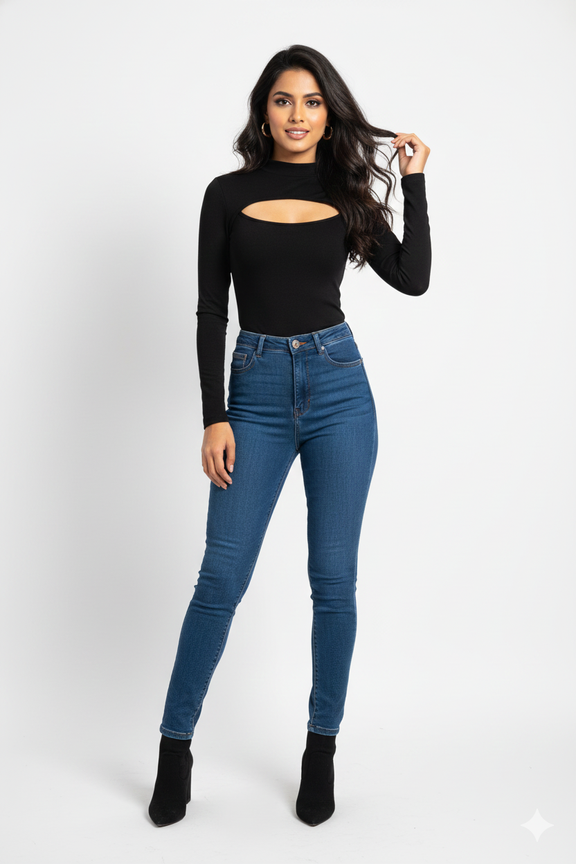 Black Ribbed Mock Neck Cut Out Top