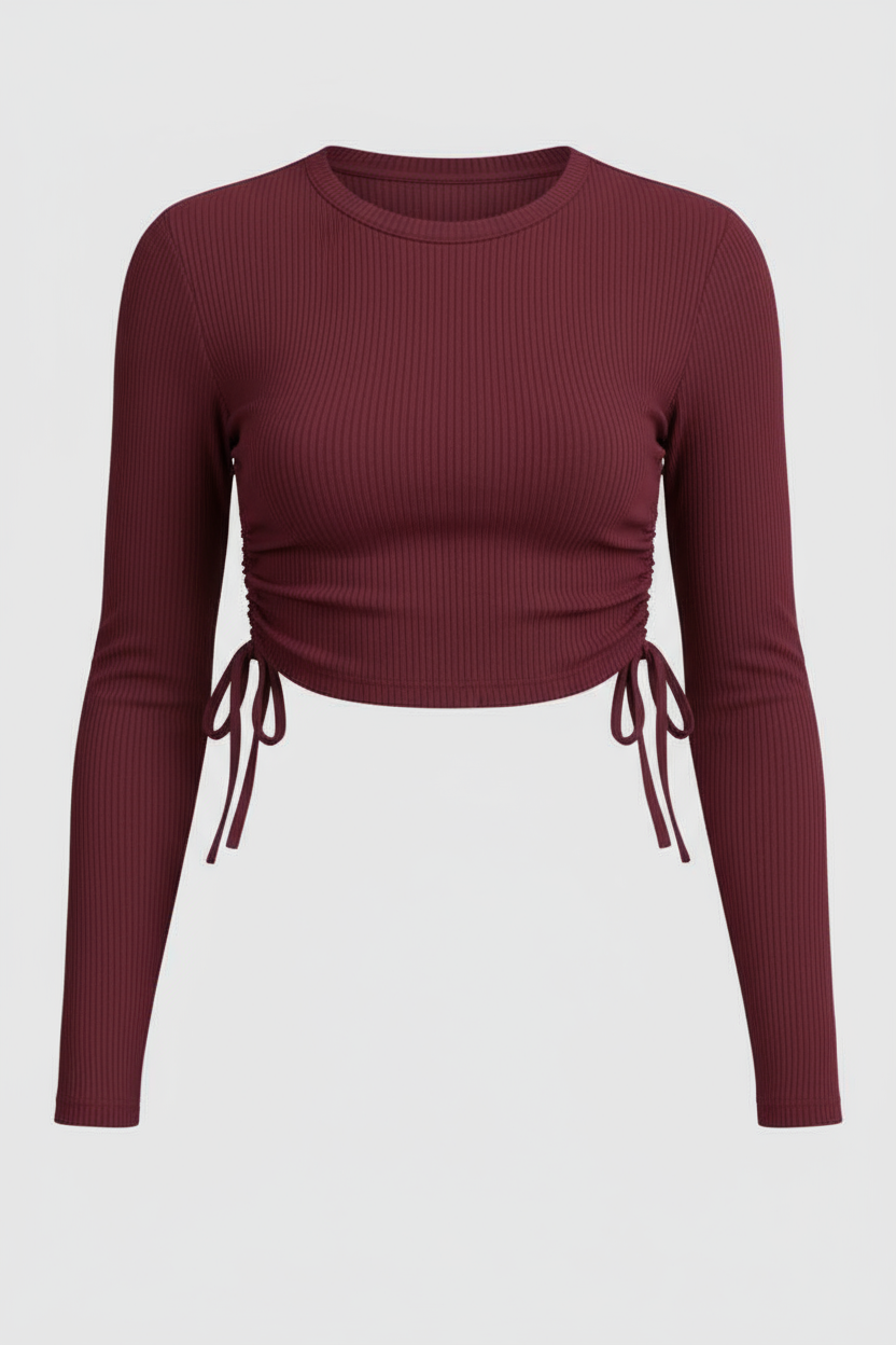 MAROON RIBBED FULL SLEEVES TOP