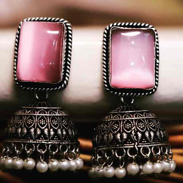 Pink Gemstone Jhumka Earrings