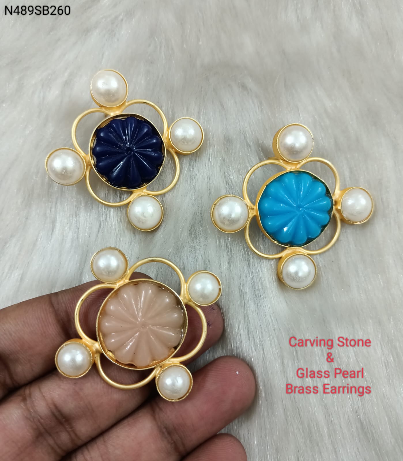 Carving Stone & Glass Pearl Brass Earrings