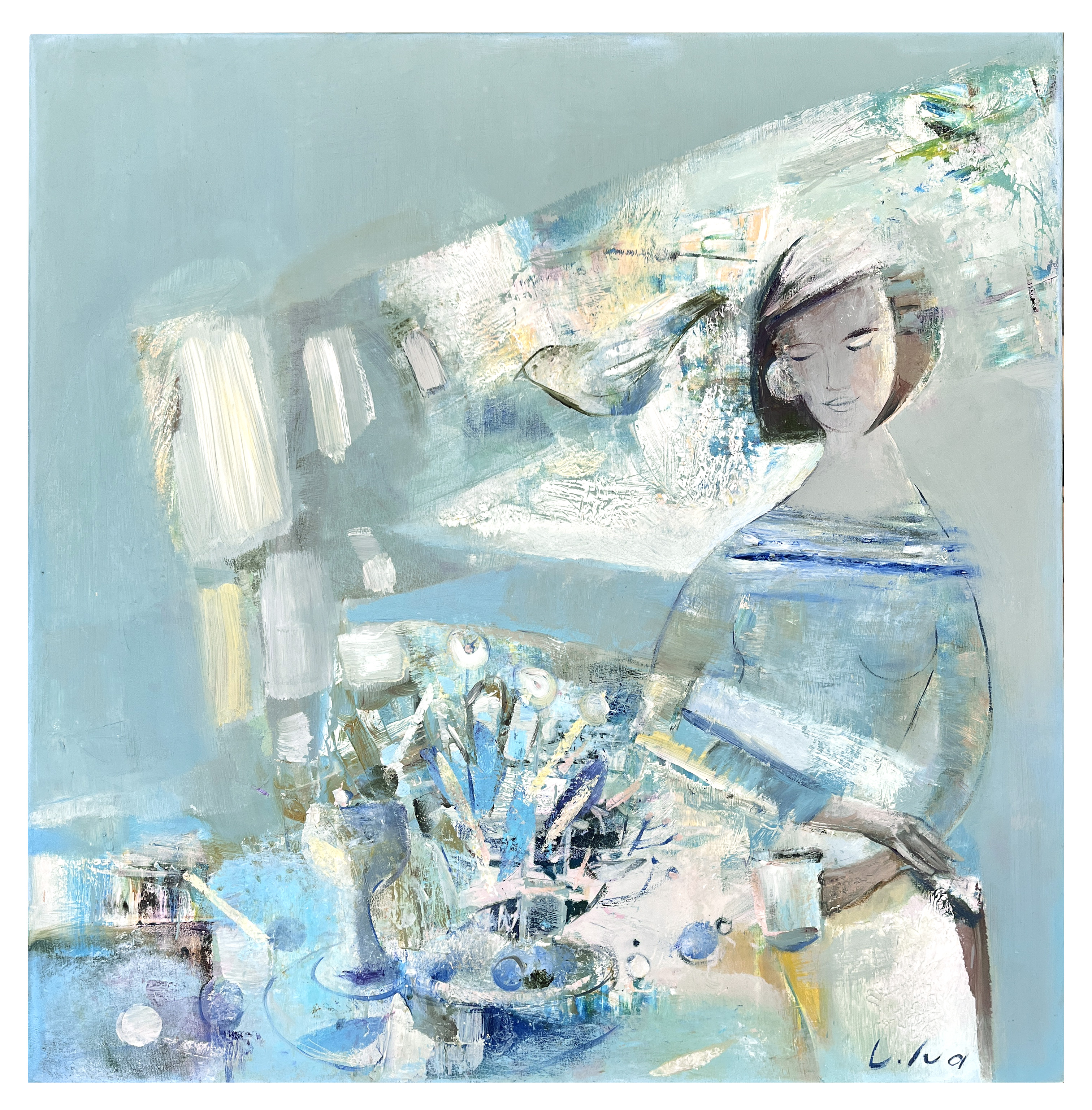 Elen Iv, "Lady with a Bouquet of Flowers", 60x60 cm,  olja