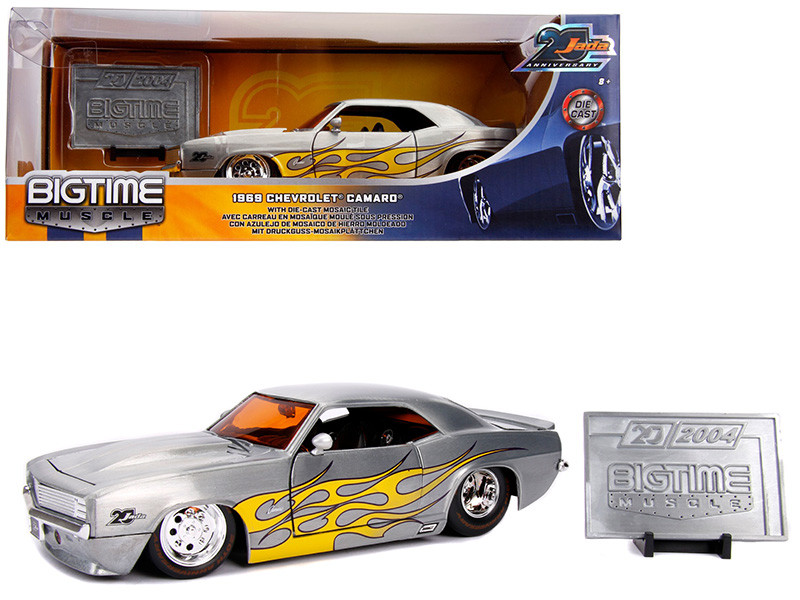 Brand new 1/24 scale diecast car model of 1969 Chevrolet Camaro Raw Metal with Yellow Flames