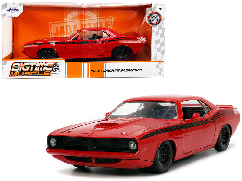 Brand new 1/24 scale diecast car model of 1973 Plymouth Barracuda Red with Black Stripes