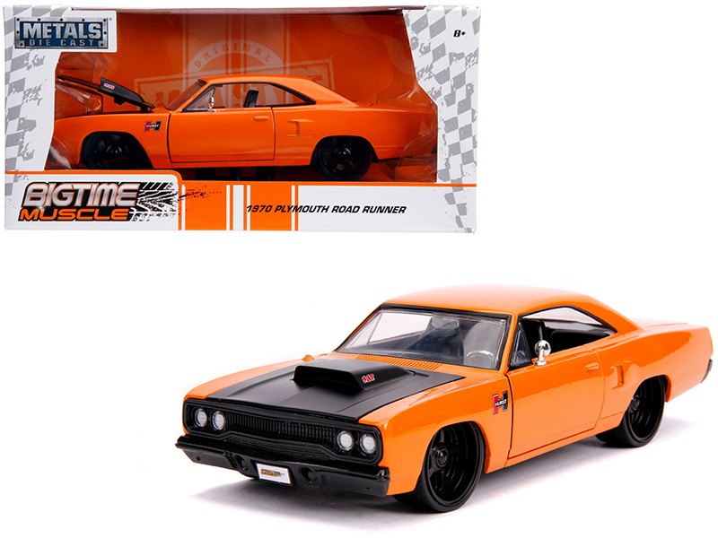 Brand new 1/24 scale diecast car model of 1970 Plymouth Road Runner Orange with Black Hood
