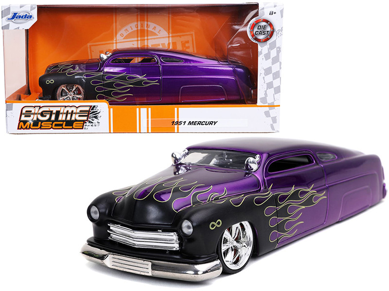 Brand new 1/24 scale diecast car model of 1951 Mercury Purple with Black Flames "Bigtime Muscle"