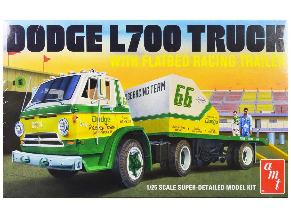 Brand new 1/25 scale plastic model kit of 1966 Dodge L700 Truck with Flatbed Racing Trailer