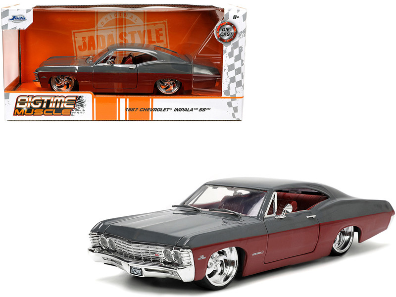 Brand new 1/24 scale diecast car model of 1967 Chevrolet Impala SS Gray and Burgundy