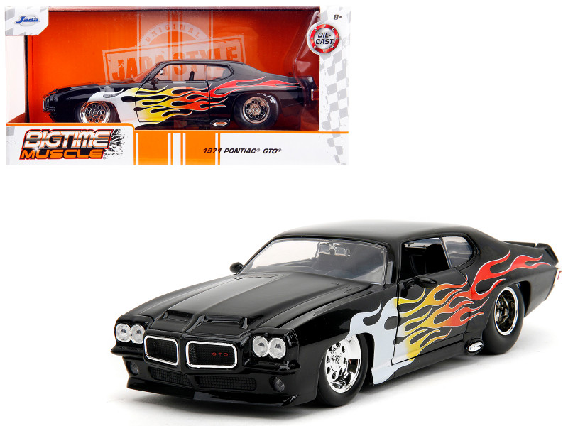 Brand new 1/24 scale diecast car model of 1971 Pontiac GTO Black with Flame Graphics