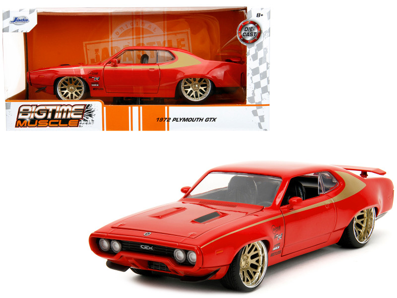 Brand new 1/24 scale diecast car model of 1972 Plymouth GTX Red with Gold Graphics